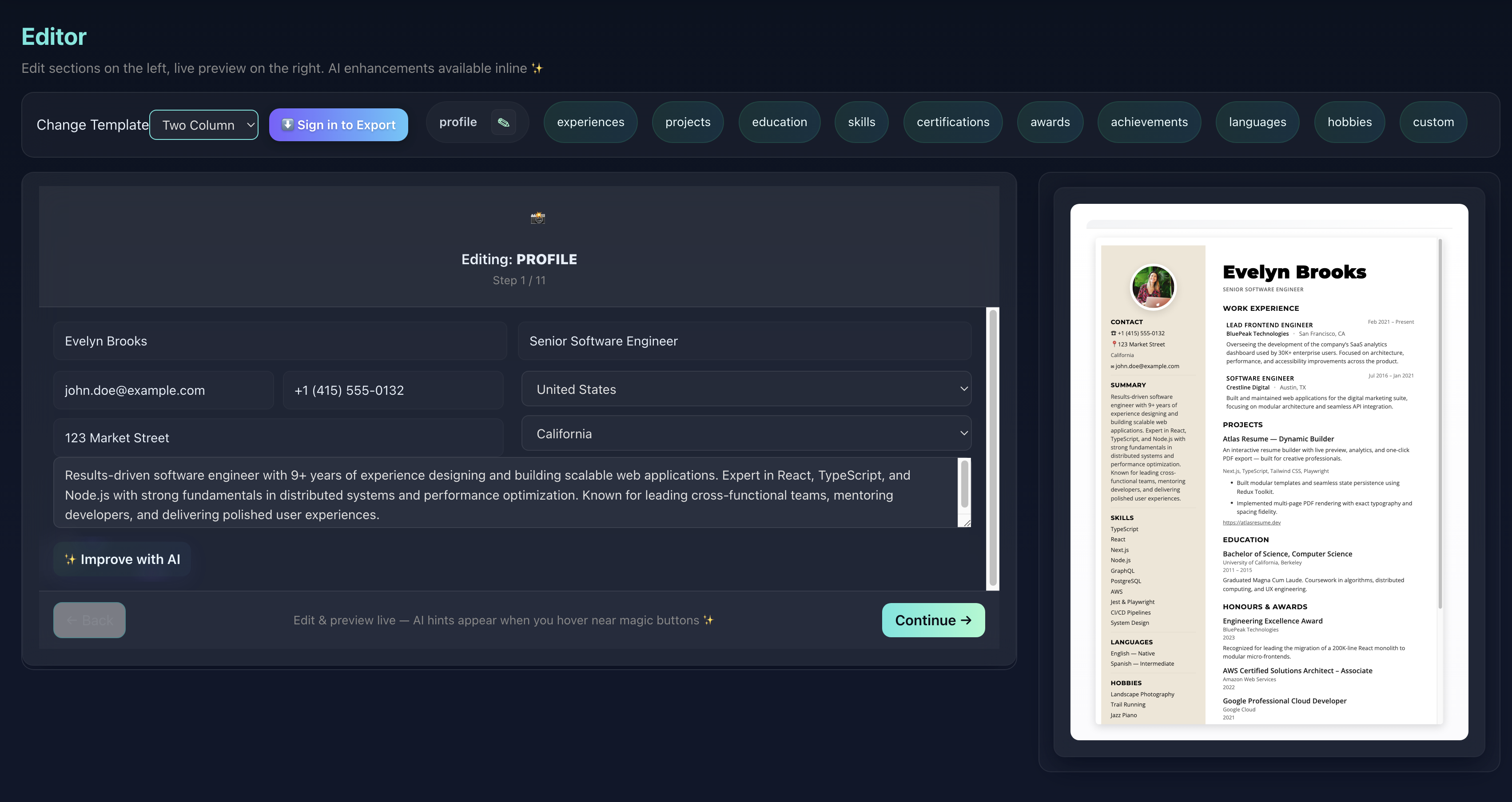 Resume builder preview